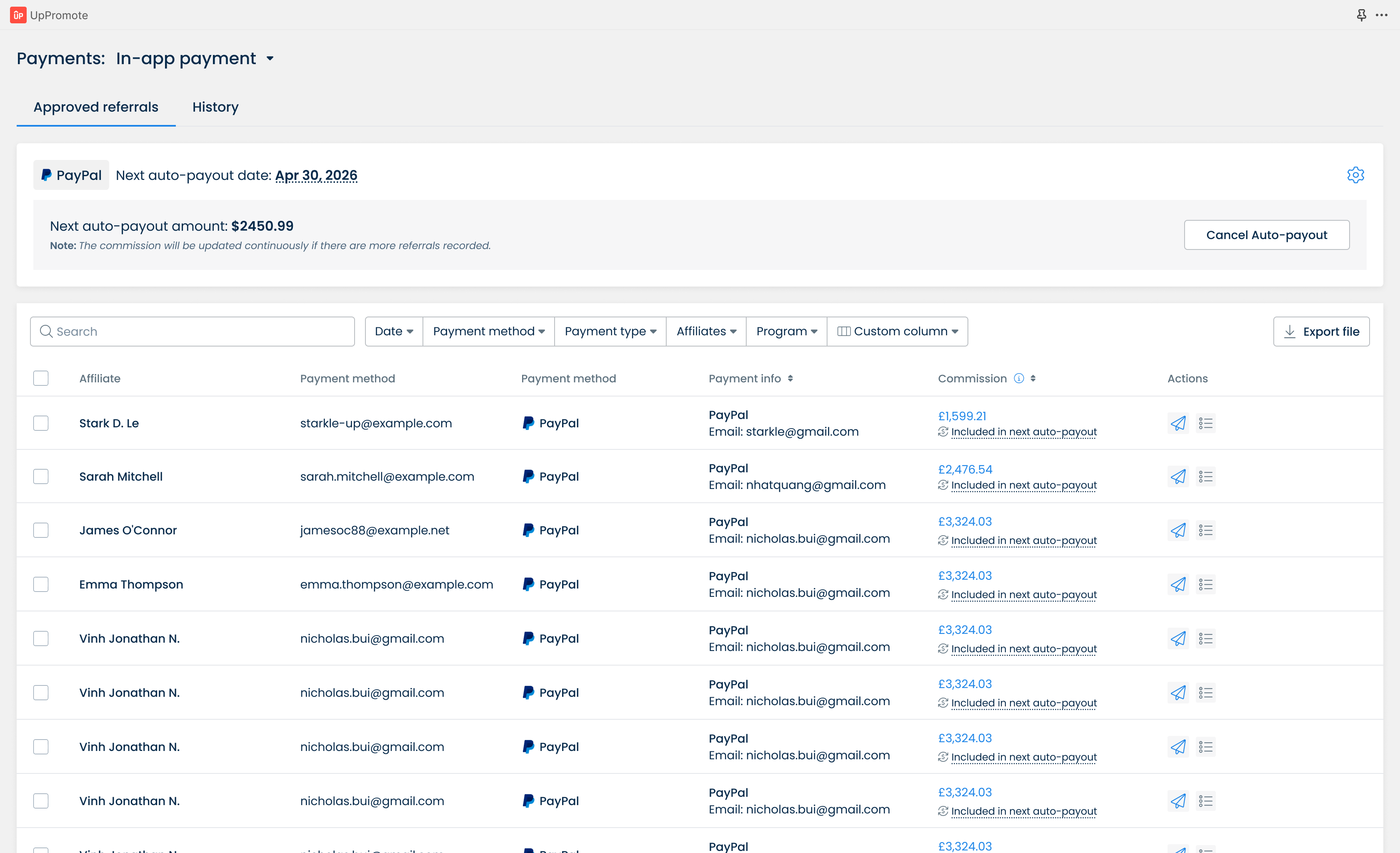 UpPromote Payments page