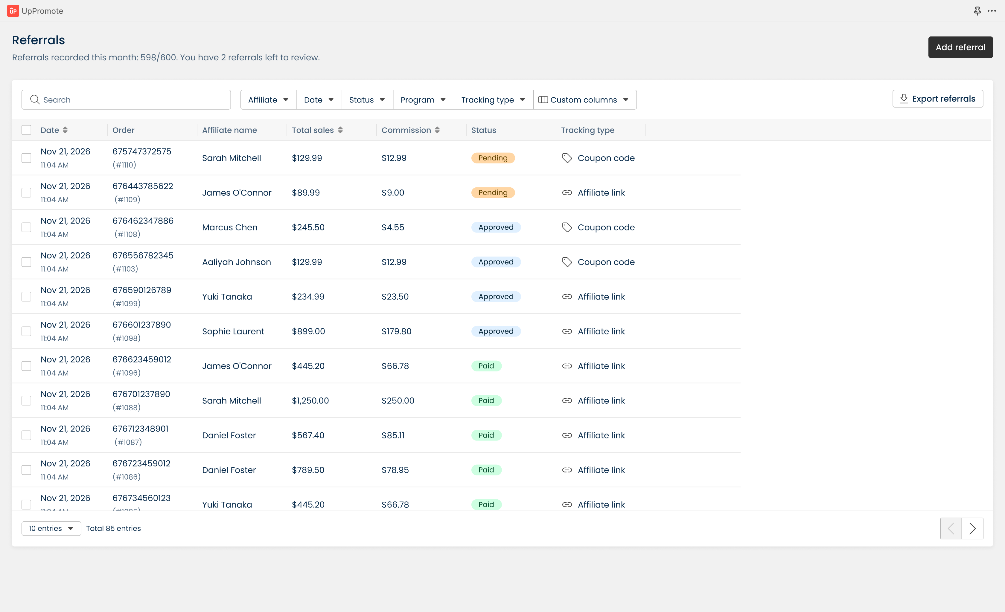 UpPromote Referrals page
