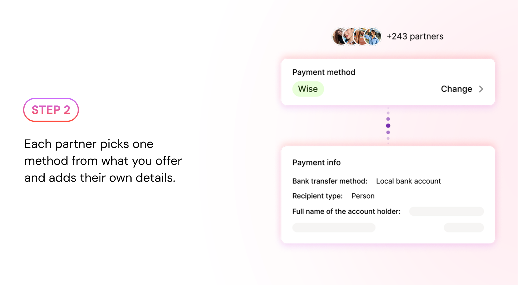 Step 2 — Each partner picks one method from what you offer and adds their own details.