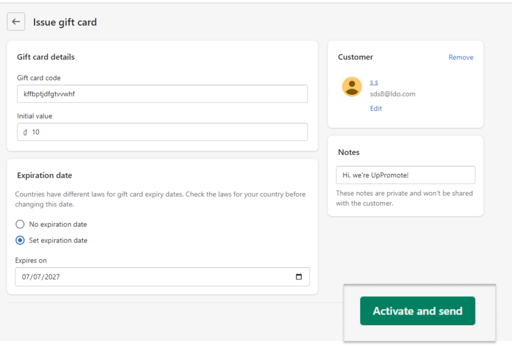 activate and send gift card as store credit