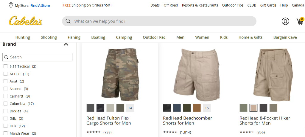 A screenshot of Cabela’s website