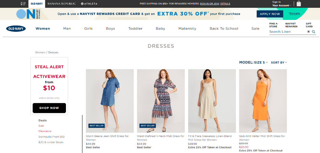 A screenshot of Old Navy’s website