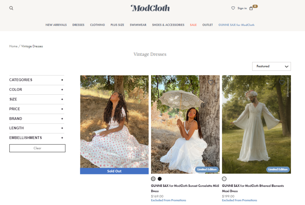 A screenshot of ModCloth’s website